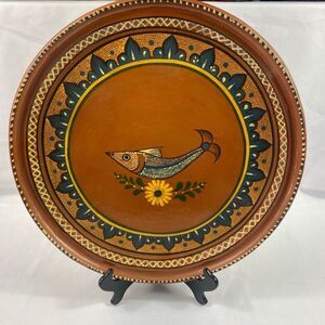 Mexican Tlaquepaque Redware Clay Folk Art Plate Fish Floral Hand Painted Pottery